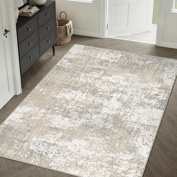Modern Abstract Beige Gray Area Rug 5x7 Machine Washable Large Carpet Neutral by PureCozy