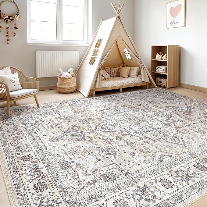 12x15 Area Rug Living Room: Washable Boho Large Neutral Vintage Soft Rugs Stain - Image 5