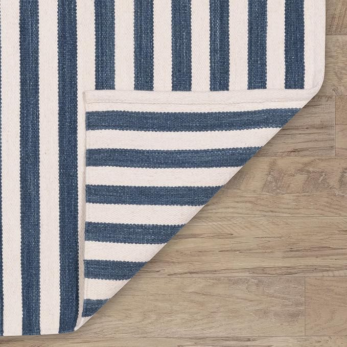 Home Conservatory Ladder Stripe Navy/Ivory Handwoven Wool 4 X 6 Feet - Image 5