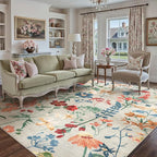 Beige Area Rug 6x9 Floral Washable Living Room Kitchen Boho Carpet Non Slip Low by PureCozy