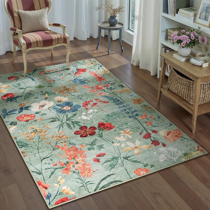 Green Area Rug 3x5 Office Floral Boho Door Mat Indoor Washable Kitchen Carpet by PureCozy