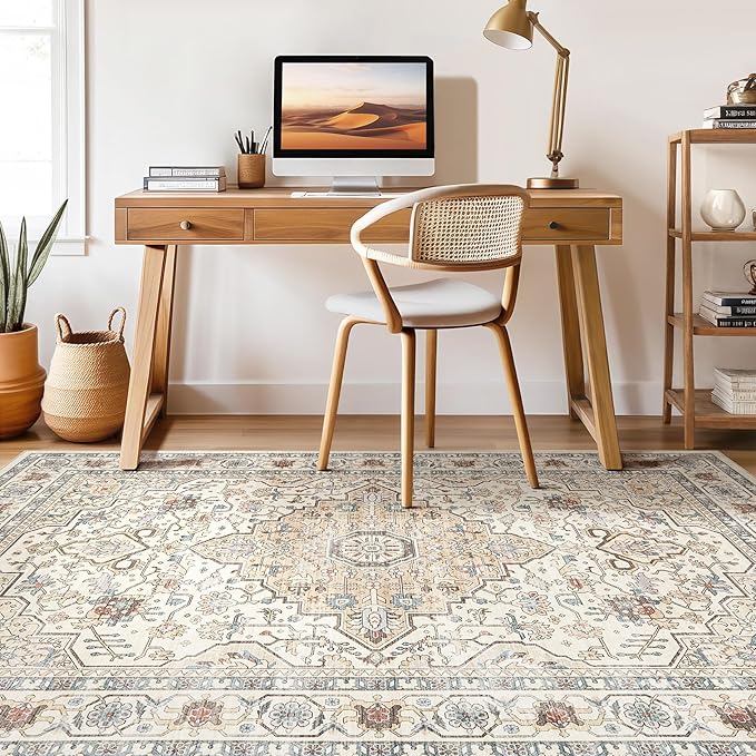 6x8 Area Rug Living Room: Washable Boho Large Neutral Vintage Soft Rugs Stain - Image 7