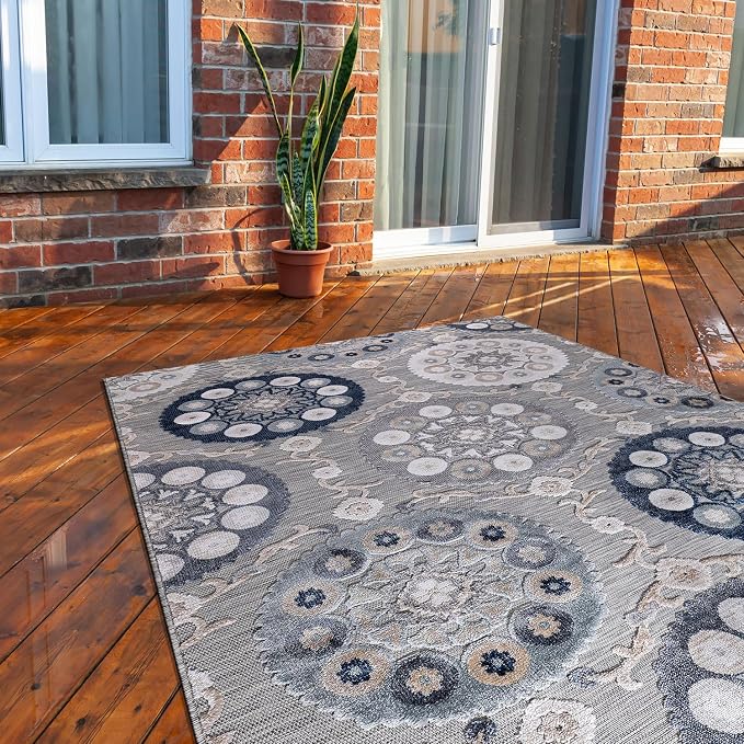 CAMILSON Indoor Outdoor Rug 9x12 Bohemian Medallion Floral Area Rugs - Image 5