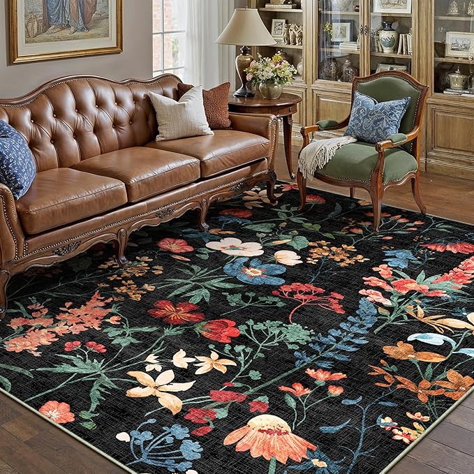 Black Area Rug 4x6 Office Floral Indoor Door Mat Washable Boho Kitchen Living - Image 6