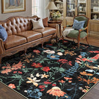 Black Area Rug 5x7 Floral Washable Living Room Kitchen Boho Carpet Non Slip Low by PureCozy
