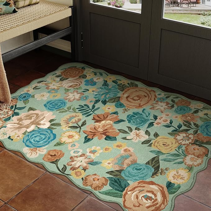 Washable Floral Area Rug 2x3 Green Small Entryway Carpet Scalloped Flower Non - Image 5