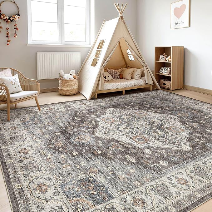 9x12 Area Rug Living Room: Washable Boho Large Neutral Vintage Soft Rugs Stain - Image 5