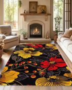 Black Floral Washable Living Room Area Rug, Low Profile Abstract Pattern by Gearsly