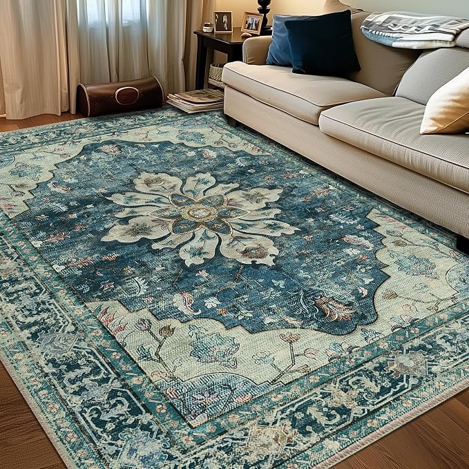 Area Rugs 6'x8' Washable Non-Slip, Floral Vintage Distress Print Pattern by RELEANY
