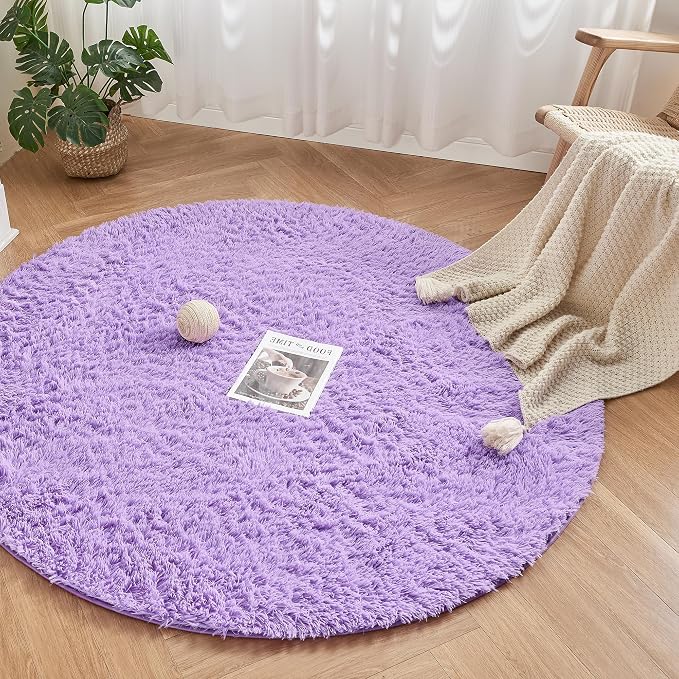 Andency Purple Round Area Rug for Bedroom, Shag Circle Rug 4'X4' for Room - Image 4