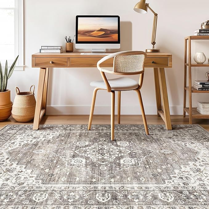 8x10 Area Rugs Living Room: Washable Boho Large Neutral Vintage Soft Rug Stain - Image 7