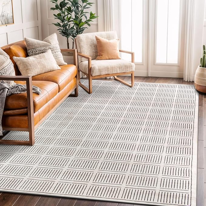 Rugshop Bohemian Stripe Lines Washable Non Slip Area Rug 5' x 7' Ivory by Rugshop