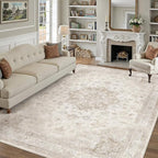 Beige Area Rug 9x12 Washable Vintage Carpet by PureCozy
