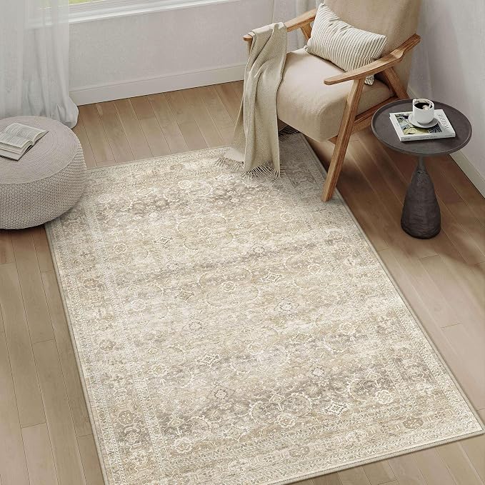 HUGEAR 3x5 Area Rug Beige Vintage Neutral Washable Bathroom Rug Soft Non Slip - Image 2