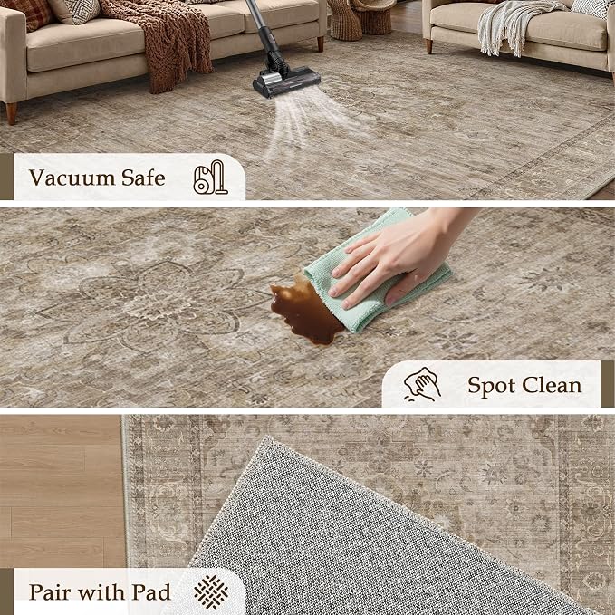 HUGEAR Washable 5x7 Area Rugs Retro Brown Living Room Bedroom Rug Vintage - Image 8