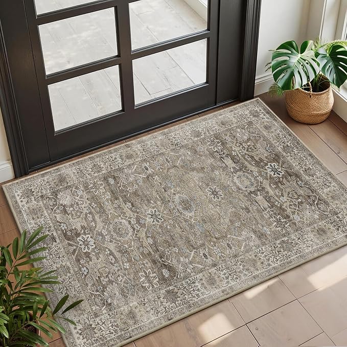 2x3 Entryway Rug Brown Grey Washable Vintage Rugs by Zeeinx