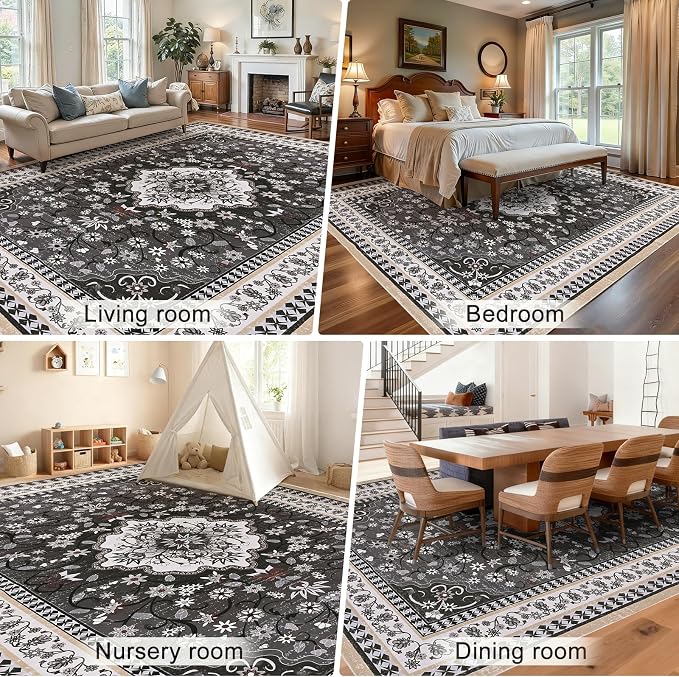 Luxury 8' x 10' Black Washable Area Rugs, Boho Low Pile Easy Clean Non-Slip Rug - Image 4