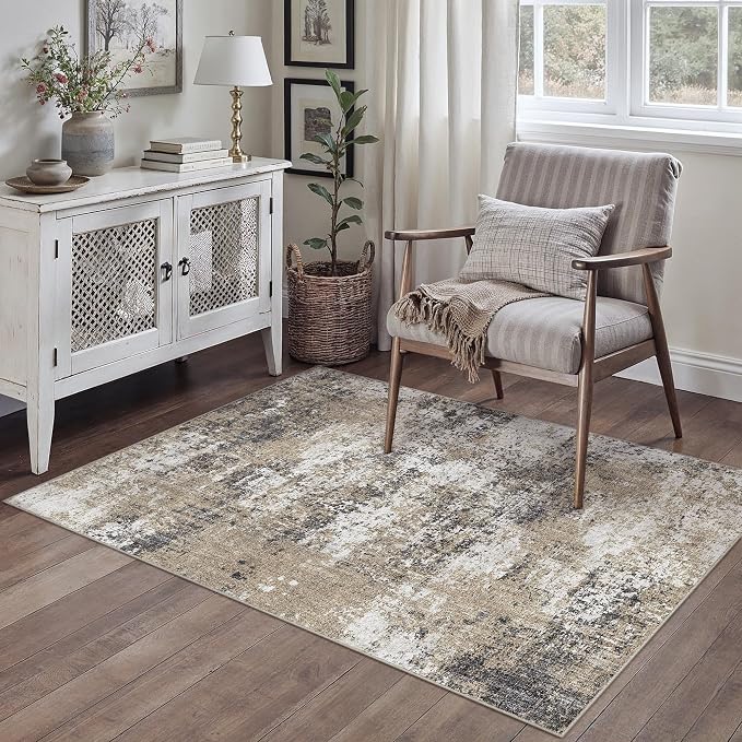 Washable Brown Area Rug 3x5 Modern Abstract Office Carpet Neutral Soft Entryway by PureCozy