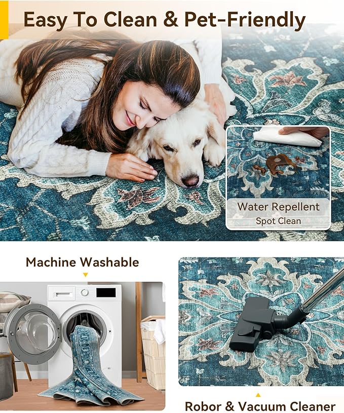 Area Rugs 2'6''x12' Washable Non-Slip, Floral Vintage Distress Print Pattern - Image 3