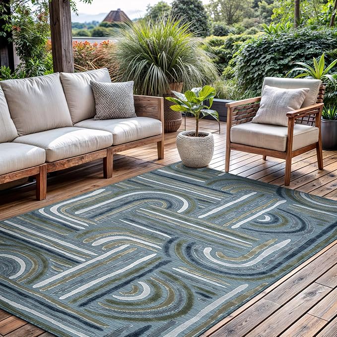 CAMILSON Indoor Outdoor Rug, Aqua 6x9 Geometric Arch Striped Area Rugs by CAMILSONIndoorOutdoorAreaRugs