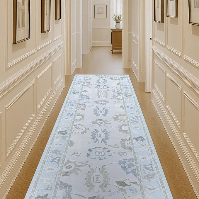 Fame Living Cream Blue Oushak Runner Rug, Modern Runners, Small Rugs, Short by FameLiving%7COushakRugs