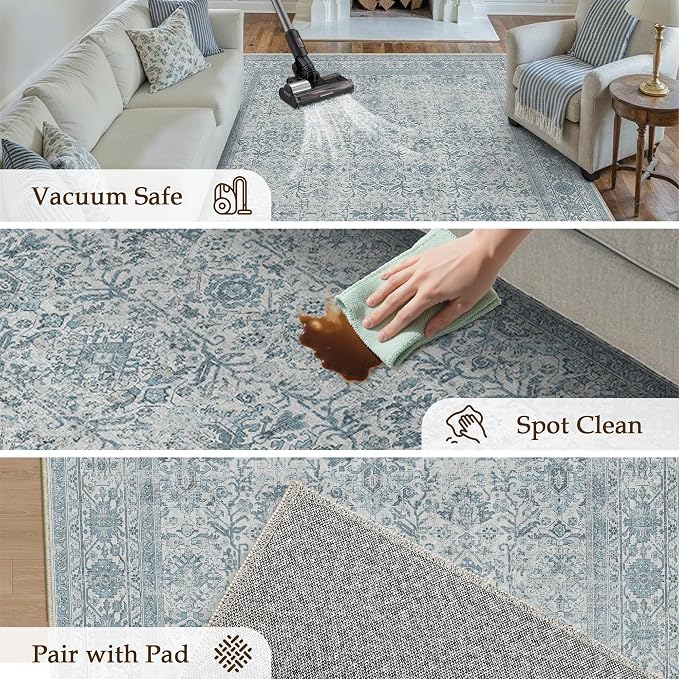 Area Rug 5x7 Blue Washable Living Room Carpet Soft Non Slip Vintage Bedroom - Image 4