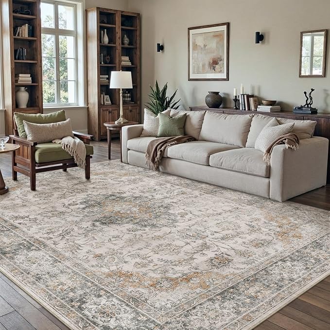 HUGEAR Retro Taupe Green Area Rug 5x7 Machine Washable Living Room Rugs by HUGEAR