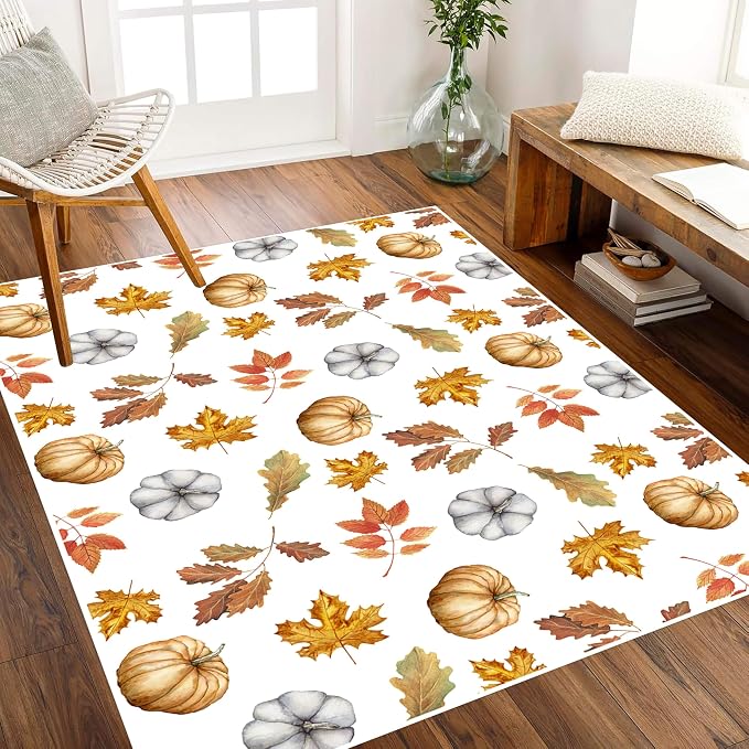 Pumpkin Area Rug, Fun Vibrant Autumn Harvest Fallen Leaves Pumpkin Plant White - Image 2