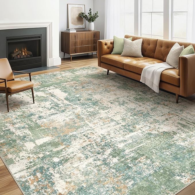 5x7 Area Rugs Living Room: Washable Large Abstract Soft Green Rug Stain by LOONGRUG