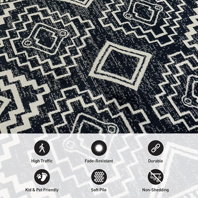Rugshop Southwestern Black and White Tribal Area Rug – Geometric Diamond - Image 4