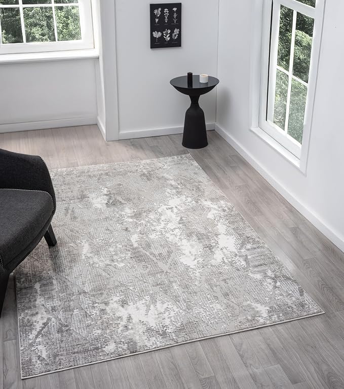 Adel Modern Area Rug for Living Room, 4x6 Rustic Distressed Abstract Gray Rug by RUGGERRUGS
