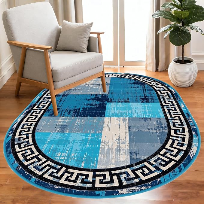 Blue Grey Black Greek Key Pattern Bordered Design Large Carpet - Image 2