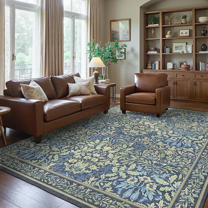 Bavni Floral Dark Blue Area Rugs 6x9, Vintage Boho Carpet Machine Washable by BAVNI