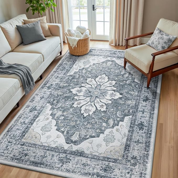 Area Rugs 5'x8' Washable Non-Slip, Floral Vintage Distress Print Pattern by RELEANY