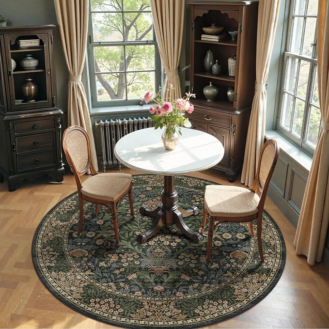 4ft Round Area Rugs for Living Room, Washable Floral Circle Rug Non Slip Low - Image 4
