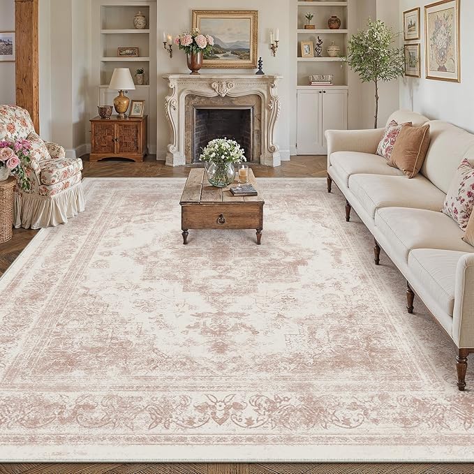 Washable Rug 9x12 Area Rug for Living Room Pink Vintage Boho Medallion Large - Image 5