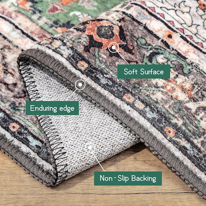 9x12 Area Rugs for Living Room Green Boho Washable Vintage Low Pile Non-Slip - Image 5