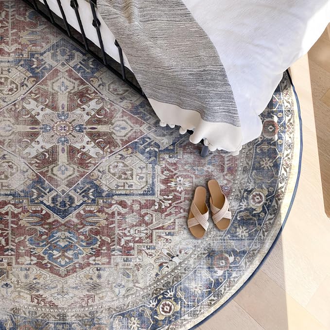 RUGGABLE Washable Vintage Area Rug – Kamran Royal Blue 8 ft Round, by RUGGABLE