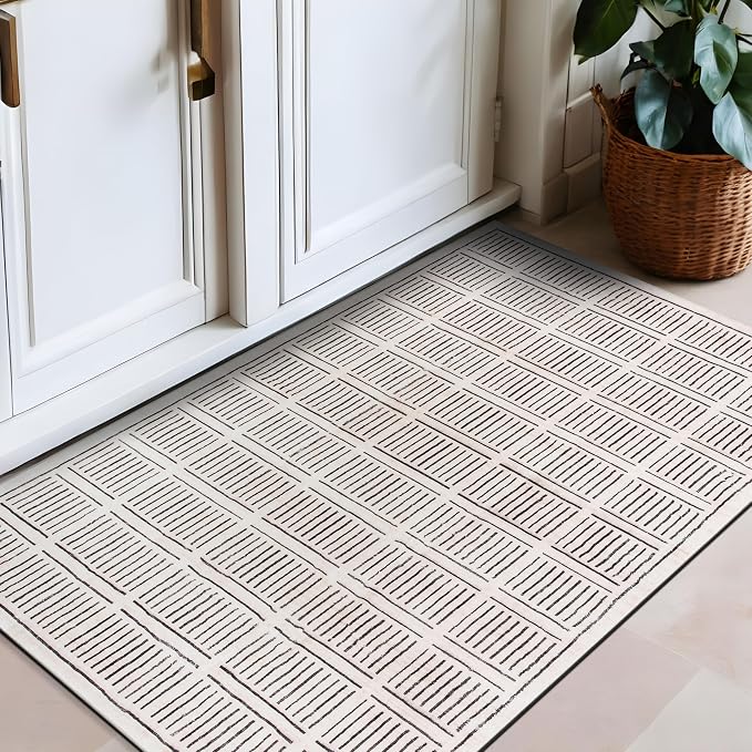 Rugshop Bohemian Stripe Lines Washable Non Slip Area Rug 2' x 4' Ivory by Rugshop