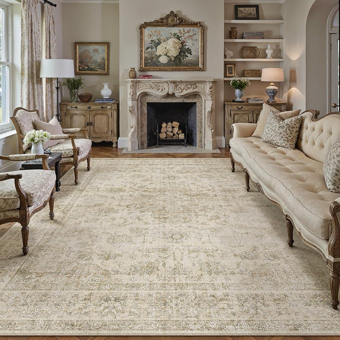 HUGEAR Retro Beige Area Rug 6x9 Machine Washable Living Room Rugs Distressed by HUGEAR