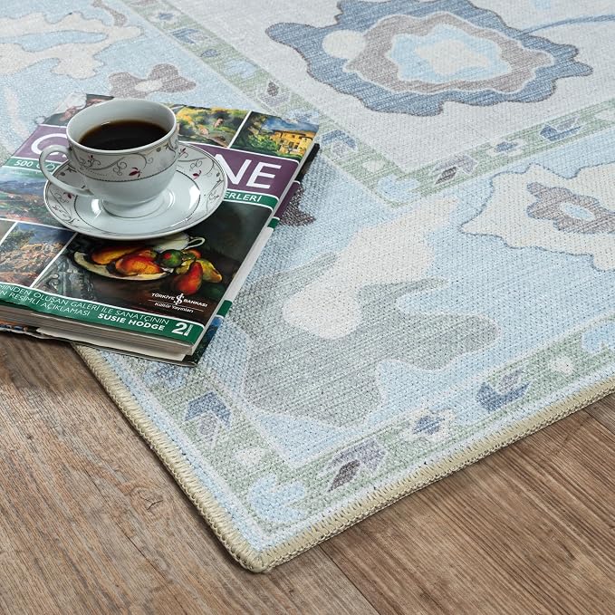 Cream Blue Oushak Rug, Modern Small Rugs, Door Mat, Doormat - Image 9