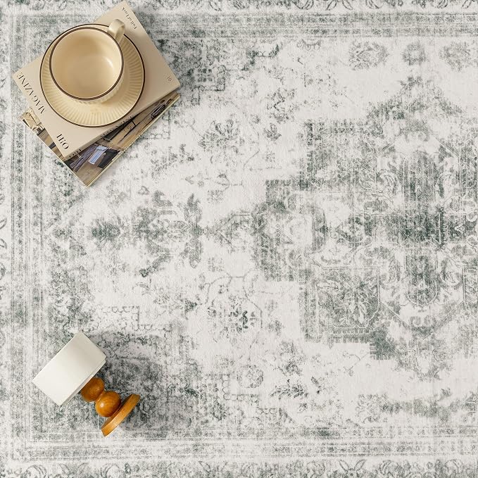 Washable Rug 9x12 Area Rug for Living Room Gray Vintage Boho Medallion Large - Image 8
