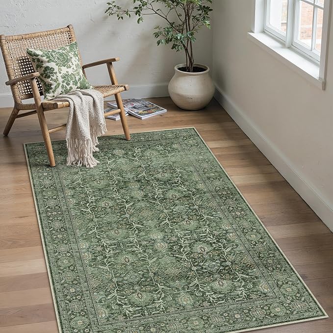 Green Area Rug 4x6 Washable Office Entryway Carpet Soft Vintage Indoor Kitchen - Image 5