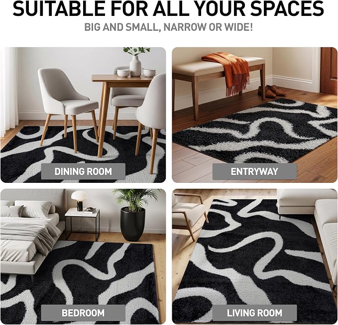 Rugshop Abstract Wavy Shag Area Rug Anthracite Dark Gray 4' x 6' Ideal - Image 3
