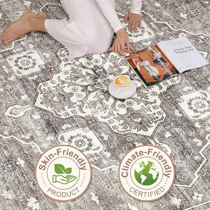8x10 Area Rugs Living Room: Washable Boho Large Neutral Vintage Soft Rug Stain - Image 8