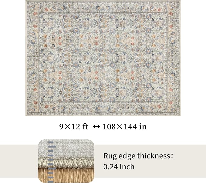Washable Living Room Rug: 9x12 Boho Floral Soft Area Rug - Image 2