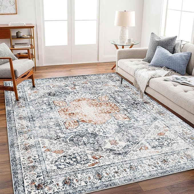 Area Rug 8x10 Washable Rug Orange Gray Vintage Traditional Mat Distressed by CHAMPLANT