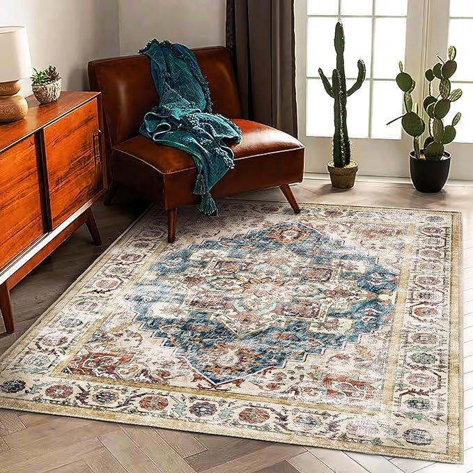 Washable Area Rug 5'x7' for Living Room Retro Beige Blue Boho Chic Medallion by CHAMPLANT