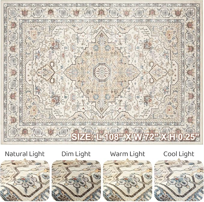 6x9 Area Rugs Living Room: Washable Boho Large Neutral Vintage Soft Rug Stain - Image 9