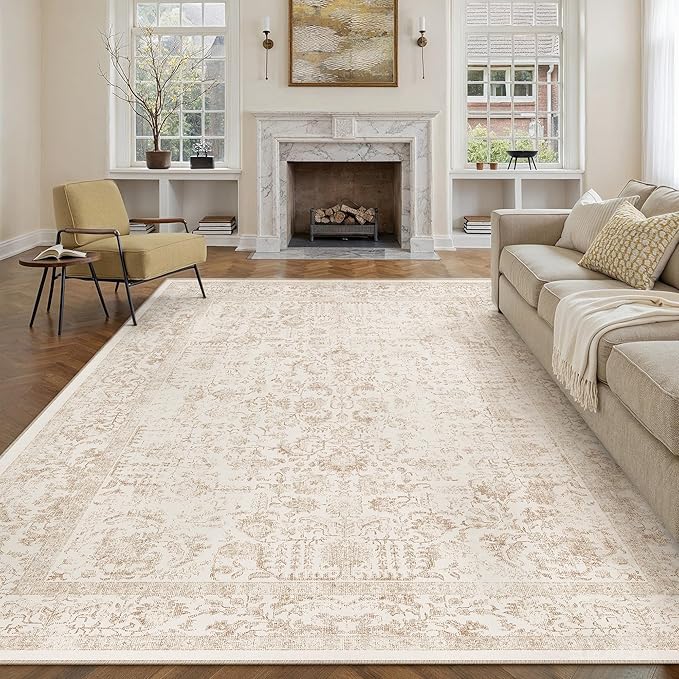 Beige Area Rug 9x12 Machine Washable Large Vintage Living Room Distressed Non by PureCozy